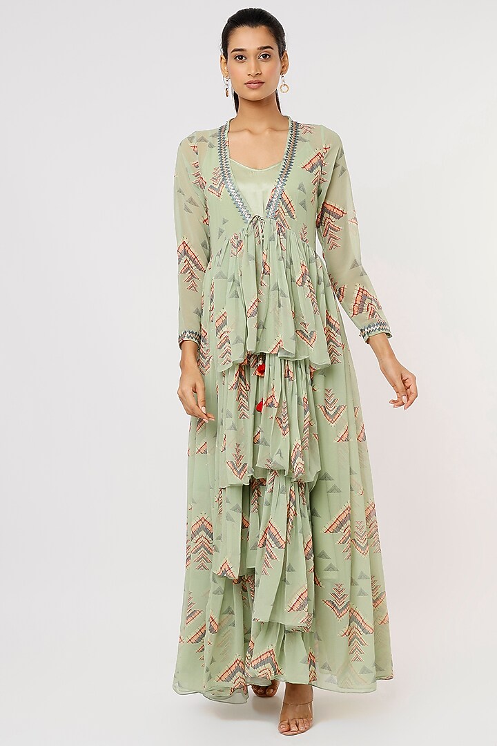 Green Crepe Printed Jacket Vacation Dress by GOPI VAID at Pernia's Pop Up Shop