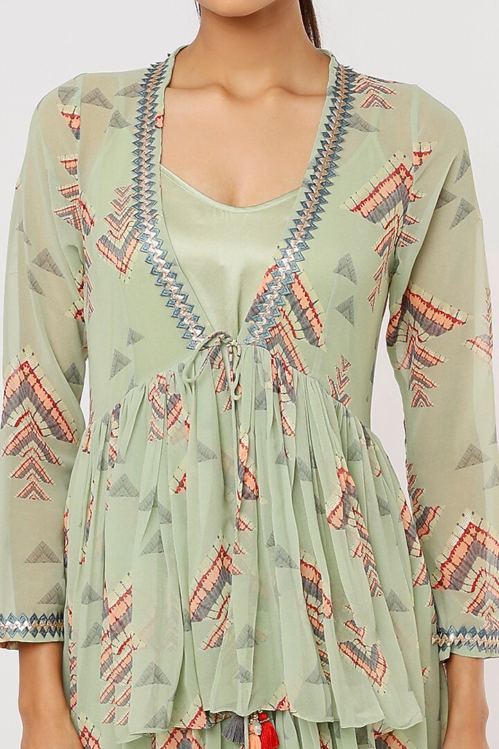 Green Crepe Printed Jacket Vacation Dress by GOPI VAID at Pernia's Pop Up Shop