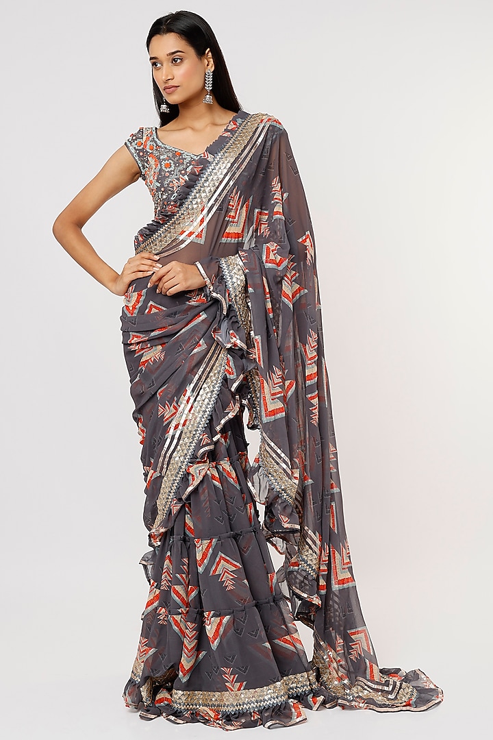 Grey Georgette Printed Saree Set by GOPI VAID at Pernia's Pop Up Shop