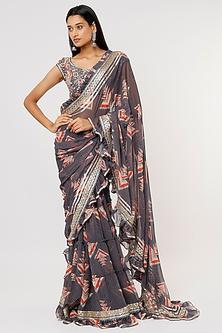 Grey Georgette Printed Saree Set by GOPI VAID