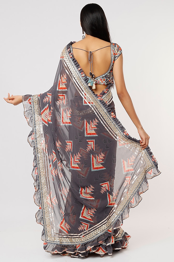 Grey Georgette Printed Wedding Saree Set by GOPI VAID at Pernia's Pop Up Shop