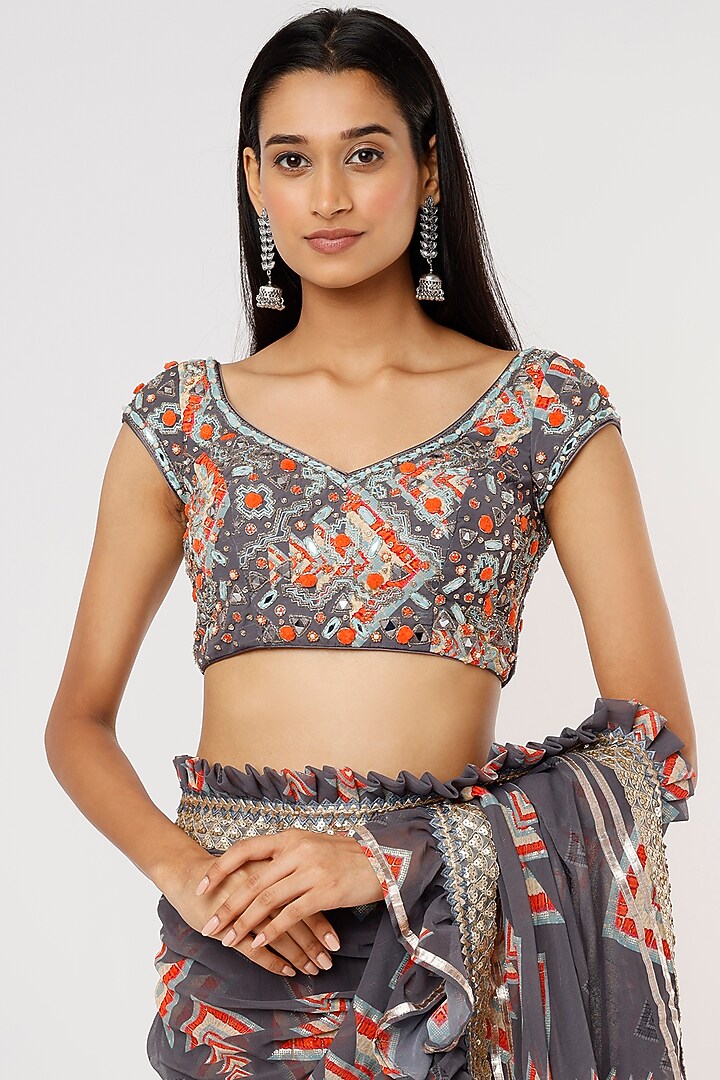 Grey Georgette Printed Wedding Saree Set by GOPI VAID at Pernia's Pop Up Shop
