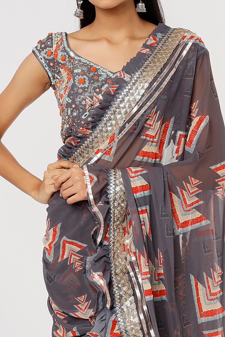 Grey Georgette Printed Wedding Saree Set by GOPI VAID at Pernia's Pop Up Shop