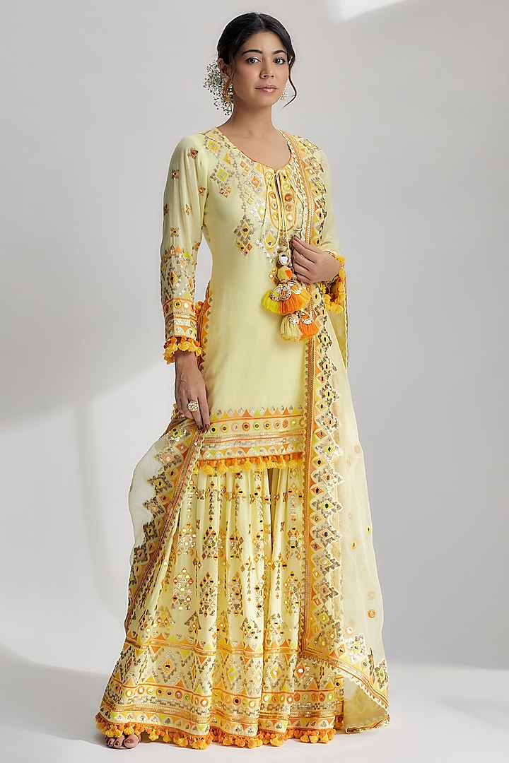 Yellow Georgette Embroidered Sharara Set by GOPI VAID