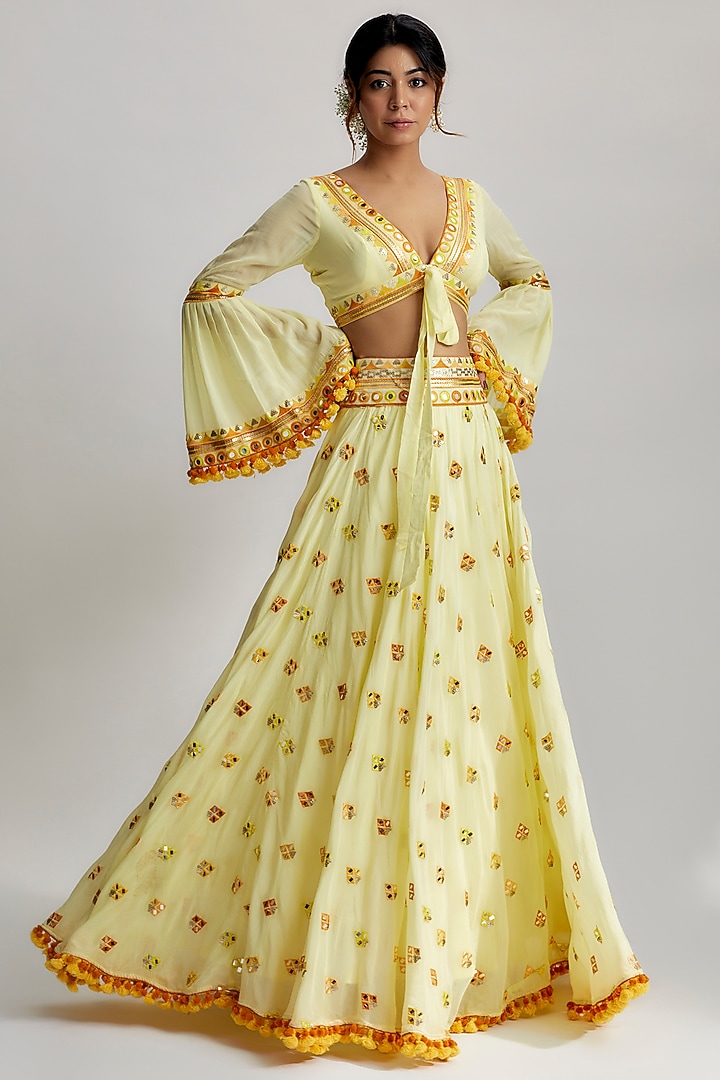Yellow Viscose Embroidered Skirt Set by GOPI VAID at Pernia's Pop Up Shop