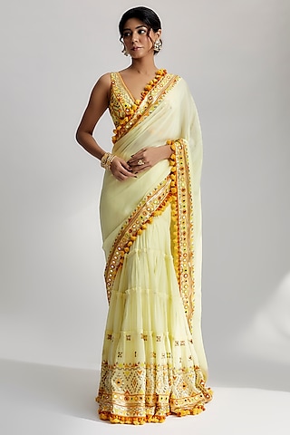 Yellow Tussar Silk Embroidered Saree Set by GOPI VAID
