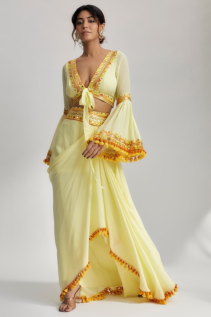Yellow Crepe Embroidered Skirt Set by GOPI VAID at Pernia's Pop Up Shop