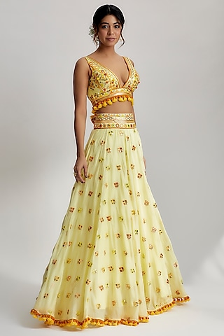 Yellow Viscose Embroidered Lehenga Set by GOPI VAID