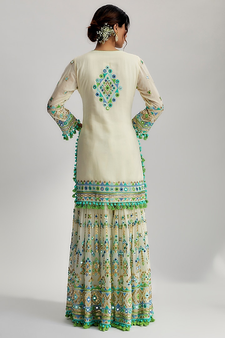 Ivory Georgette Embroidered Wedding Sharara Set by GOPI VAID at Pernia's Pop Up Shop