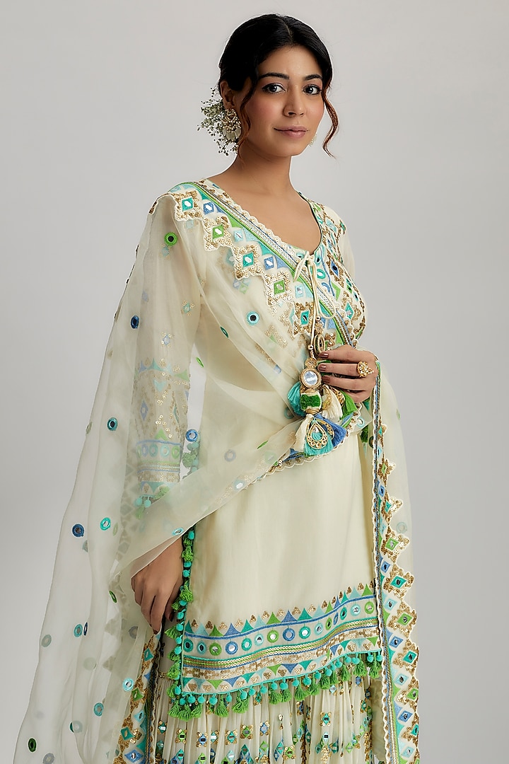 Ivory Georgette Embroidered Wedding Sharara Set by GOPI VAID at Pernia's Pop Up Shop
