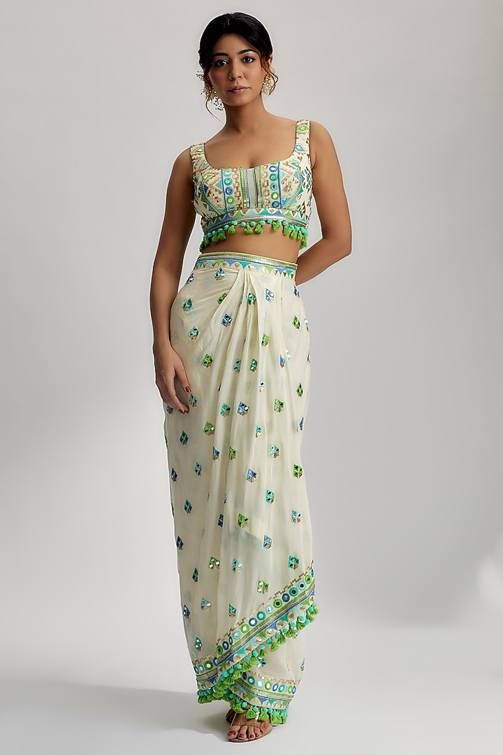 Ivory Crepe Embroidered Draped Skirt Set by GOPI VAID at Pernia's Pop Up Shop
