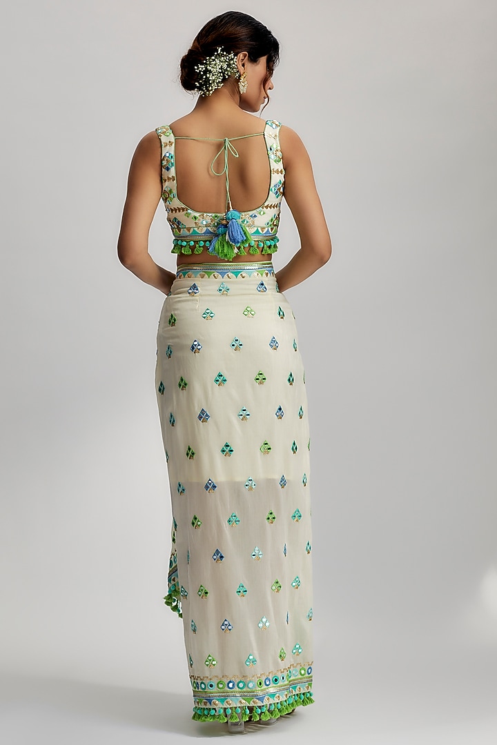 Ivory Crepe Embroidered Draped Skirt Set by GOPI VAID at Pernia's Pop Up Shop