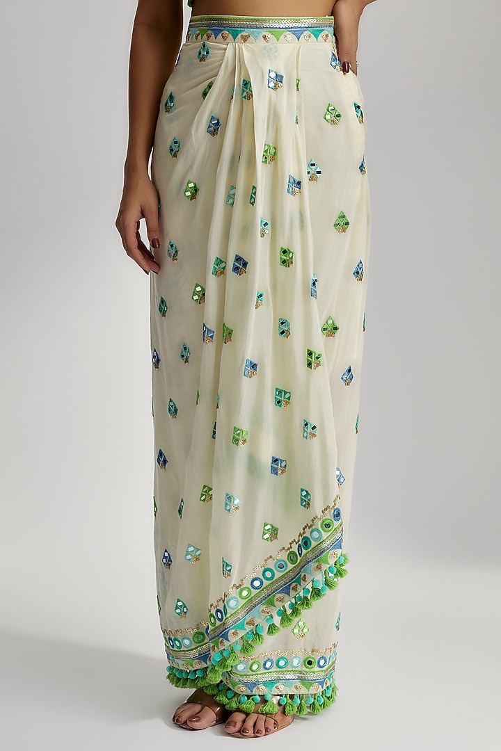 Ivory Crepe Embroidered Draped Skirt Set by GOPI VAID at Pernia's Pop Up Shop