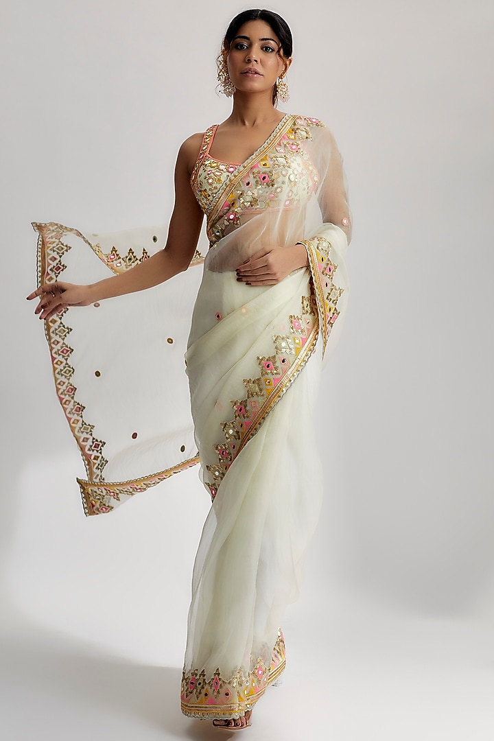 Ivory Organza Embroidered Wedding Saree Set by GOPI VAID at Pernia's Pop Up Shop