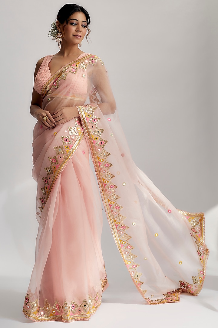 Pink Organza Embroidered Saree Set by GOPI VAID at Pernia's Pop Up Shop