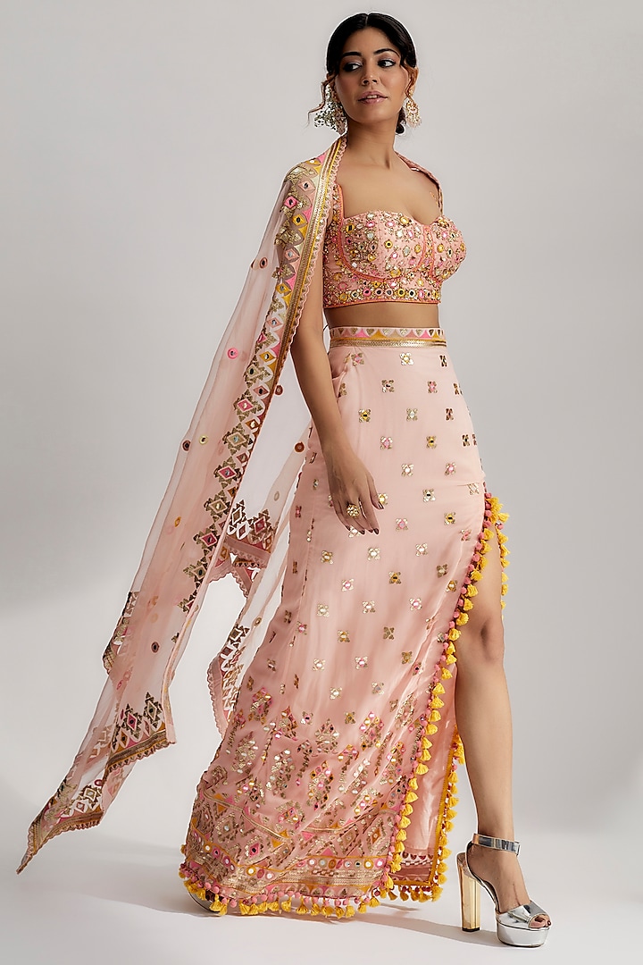 Pink Organza Embroidered Cape Set by GOPI VAID