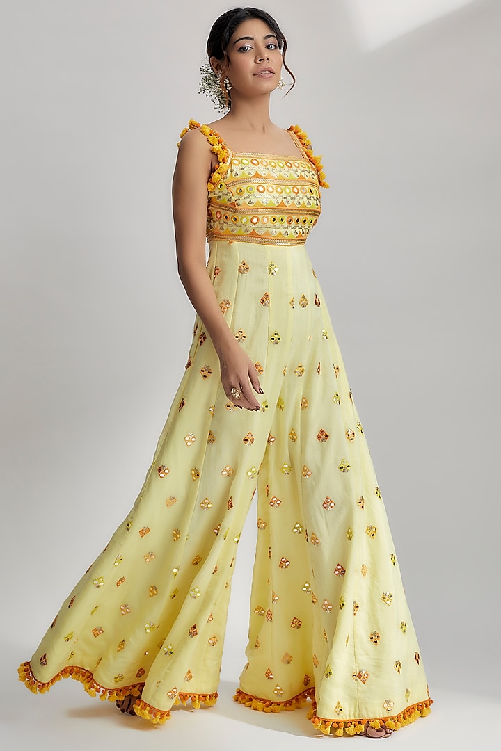 Yellow Georgette Embroidered Jumpsuit by GOPI VAID