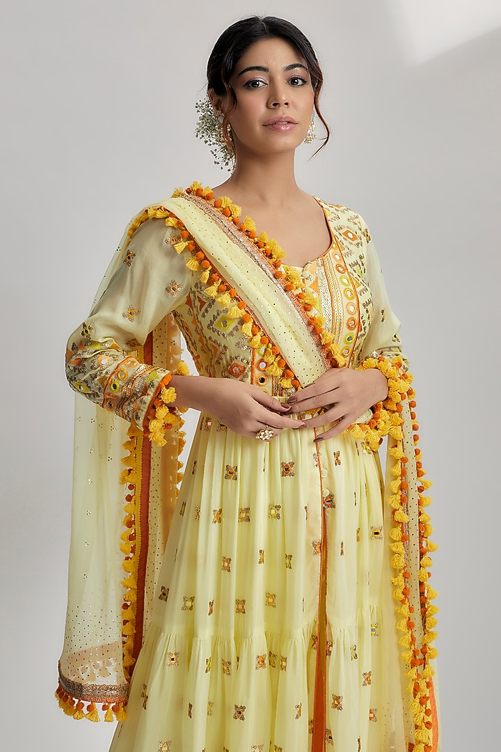 Yellow Georgette Embroidered Wedding Anarkali Set by GOPI VAID at Pernia's Pop Up Shop