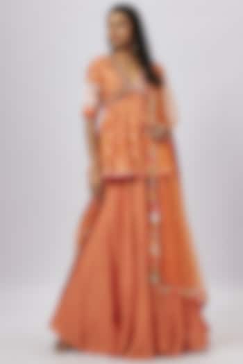 Orange Bandhani Tussar Boota Embellished Flowy Lehenga Set by GOPI VAID
