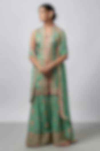 Green Cotton Silk Floral Jaal Embroidered Wedding Sharara Set by GOPI VAID at Pernia's Pop Up Shop