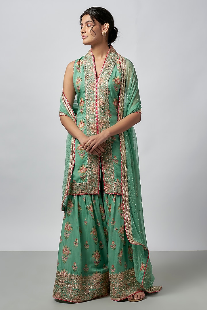 Green Cotton Silk Floral Jaal Embroidered Wedding Sharara Set by GOPI VAID at Pernia's Pop Up Shop