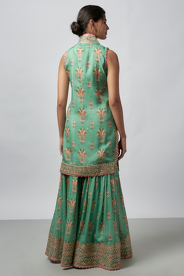 Green Cotton Silk Floral Jaal Embroidered Wedding Sharara Set by GOPI VAID at Pernia's Pop Up Shop