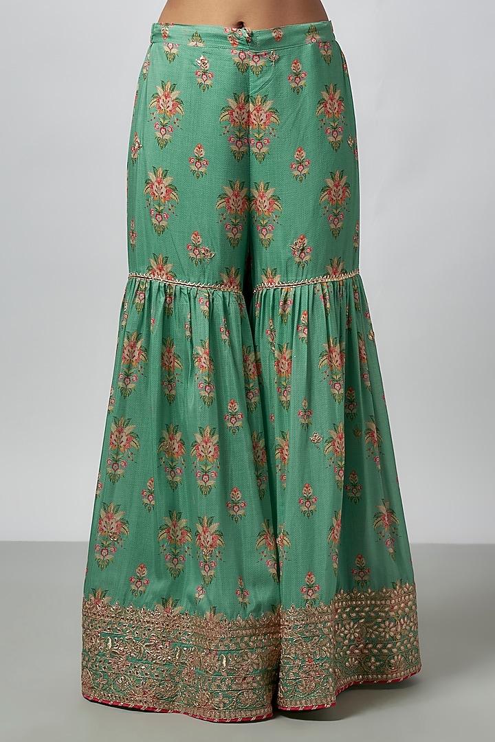 Green Cotton Silk Floral Jaal Embroidered Wedding Sharara Set by GOPI VAID at Pernia's Pop Up Shop