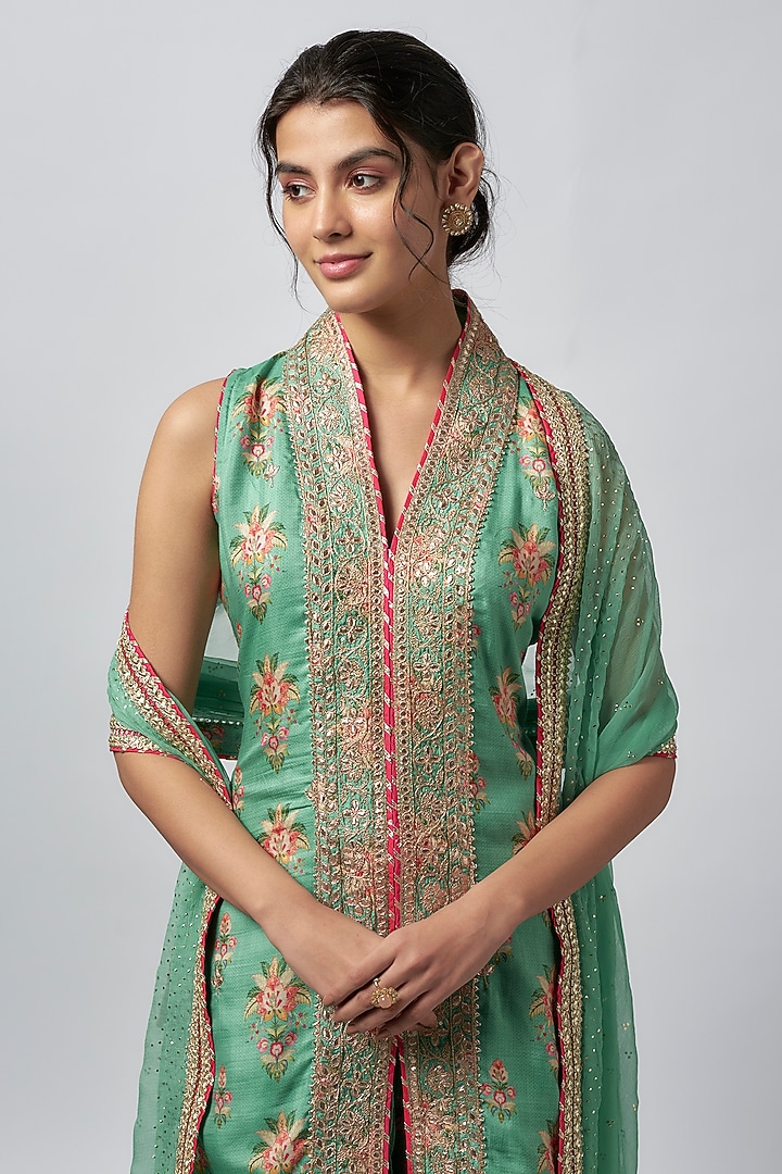 Green Cotton Silk Floral Jaal Embroidered Wedding Sharara Set by GOPI VAID at Pernia's Pop Up Shop