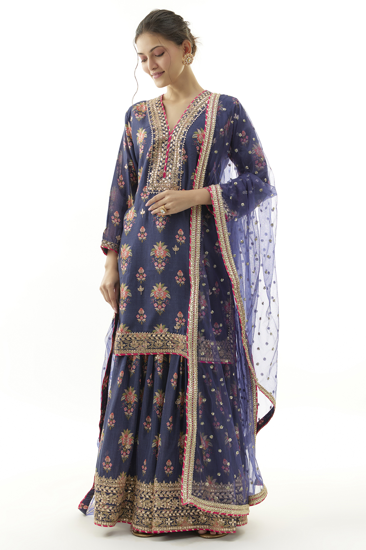Blue Cotton Silk Sequins Embroidered Wedding Sharara Set by Gopi Vaid at Pernia's Pop Up Shop