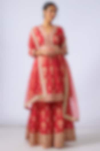 Red Cotton Silk Embroidered Sharara Set by GOPI VAID at Pernia's Pop Up Shop