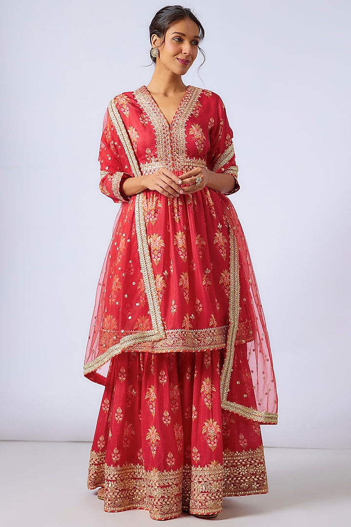 Red Cotton Silk Embroidered Sharara Set by GOPI VAID at Pernia's Pop Up Shop