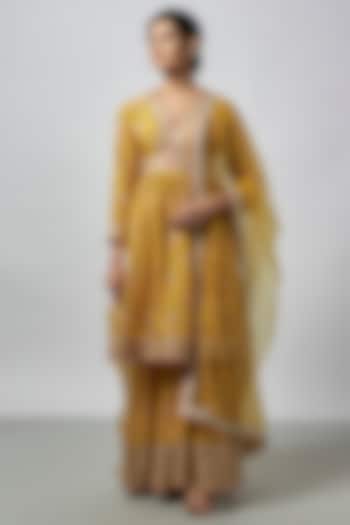Yellow Cotton Silk Floral Jaal Embroidered Wedding Sharara Set by GOPI VAID at Pernia's Pop Up Shop