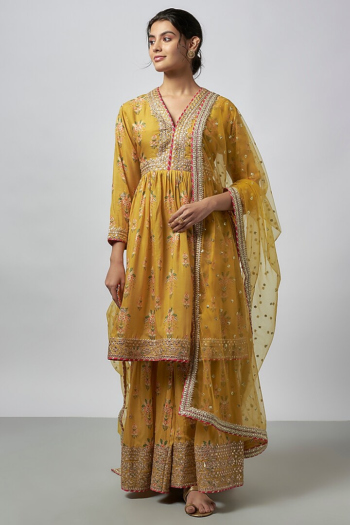 Yellow Cotton Silk Floral Jaal Embroidered Wedding Sharara Set by GOPI VAID at Pernia's Pop Up Shop