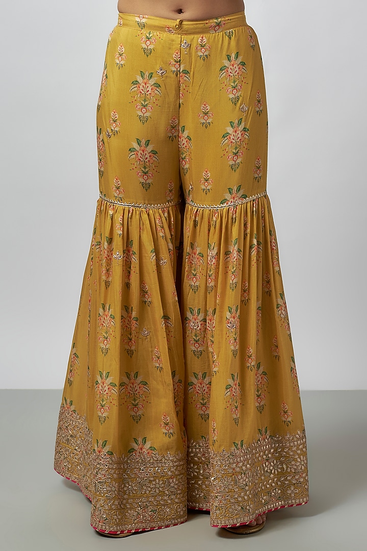 Yellow Cotton Silk Floral Jaal Embroidered Wedding Sharara Set by GOPI VAID at Pernia's Pop Up Shop