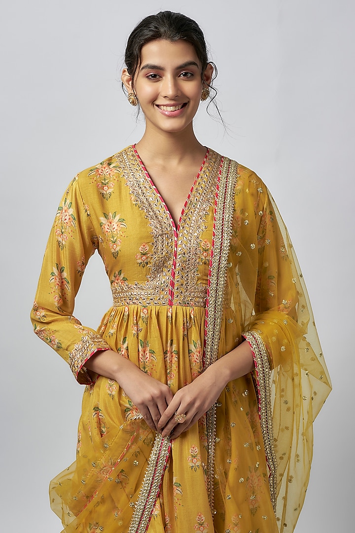 Yellow Cotton Silk Floral Jaal Embroidered Wedding Sharara Set by GOPI VAID at Pernia's Pop Up Shop