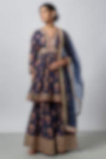Blue Cotton Silk Floral Jaal Embroidered Wedding Sharara Set by GOPI VAID at Pernia's Pop Up Shop