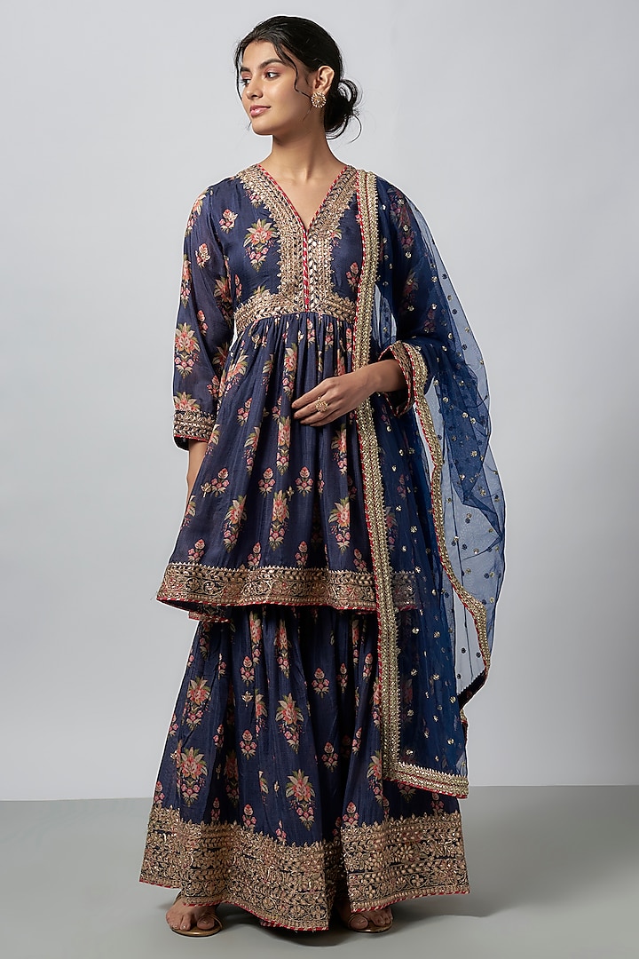 Blue Cotton Silk Floral Jaal Embroidered Wedding Sharara Set by GOPI VAID at Pernia's Pop Up Shop
