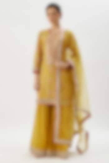 Yellow Georgette Thread Embroidered Wedding Sharara Set by GOPI VAID at Pernia's Pop Up Shop