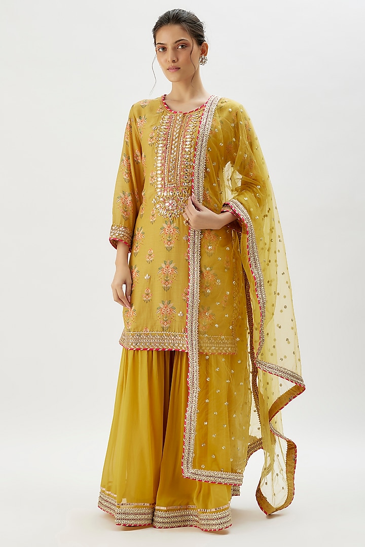 Yellow Georgette Thread Embroidered Wedding Sharara Set by GOPI VAID at Pernia's Pop Up Shop