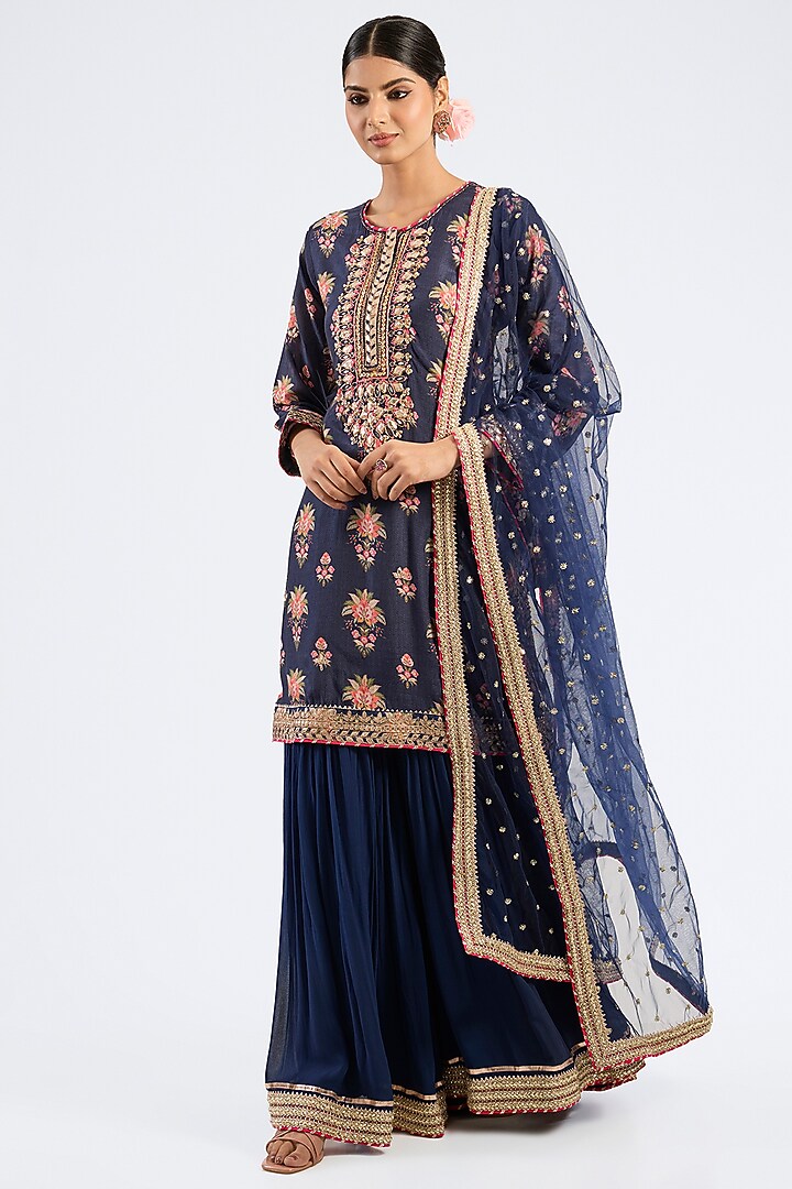 Blue Georgette Embroidered Wedding Sharara Set by GOPI VAID at Pernia's Pop Up Shop