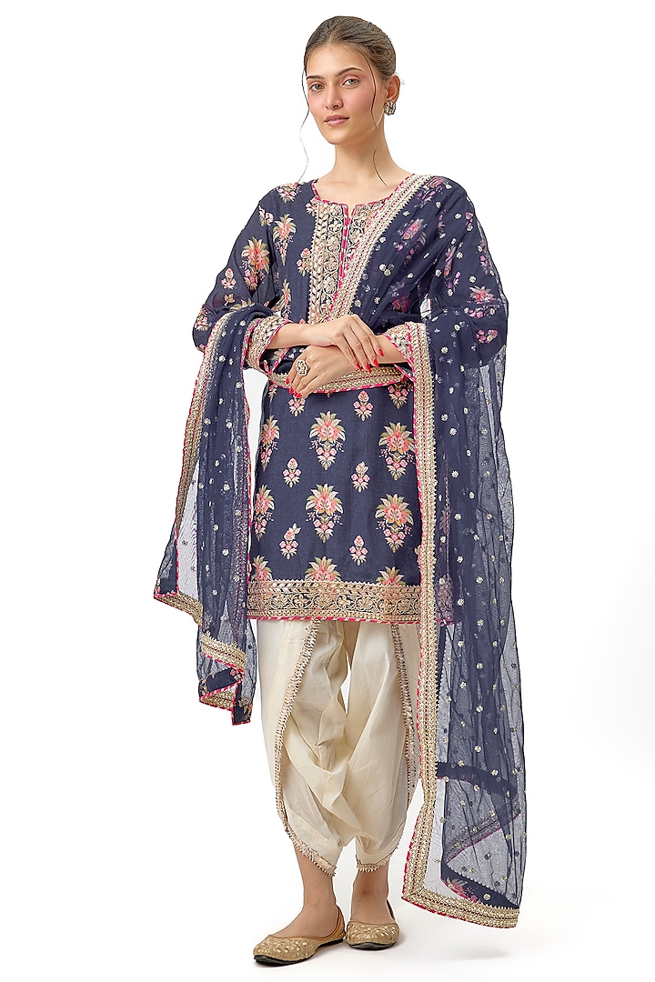 Blue Cotton Silk Floral Jaal & Gota Embroidered Kurta Set by Gopi Vaid at Pernia's Pop Up Shop