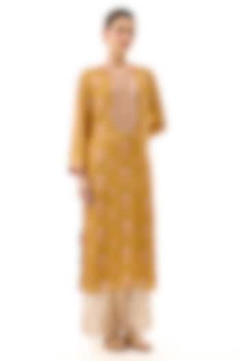 Yellow Cotton Silk Floral Printed & Embroidered Tunic by GOPI VAID at Pernia's Pop Up Shop