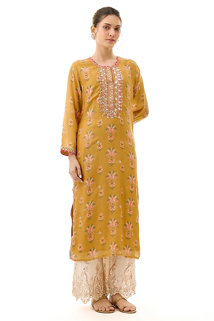 Yellow Cotton Silk Floral Printed & Embroidered Tunic by GOPI VAID at Pernia's Pop Up Shop