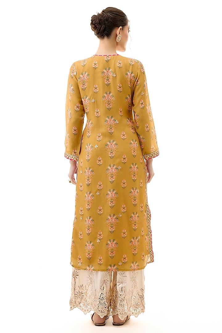 Yellow Cotton Silk Floral Printed & Embroidered Tunic by GOPI VAID at Pernia's Pop Up Shop