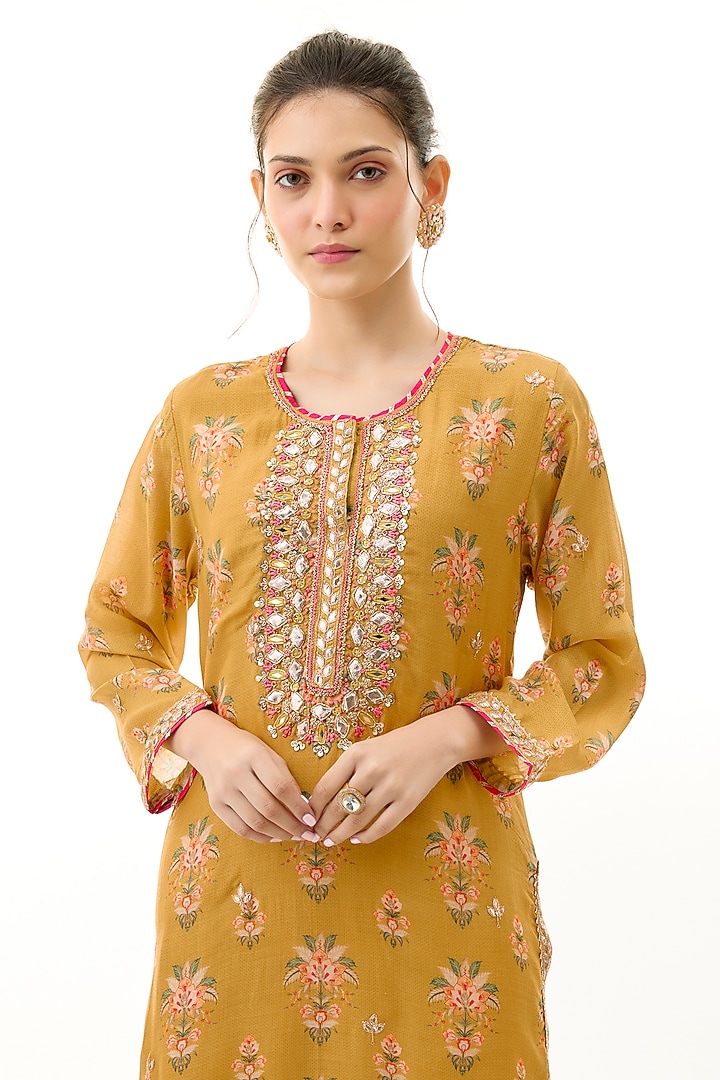 Yellow Cotton Silk Floral Printed & Embroidered Tunic by GOPI VAID at Pernia's Pop Up Shop