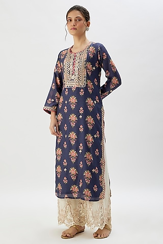 Blue Cotton Silk Floral Printed Kurta by GOPI VAID