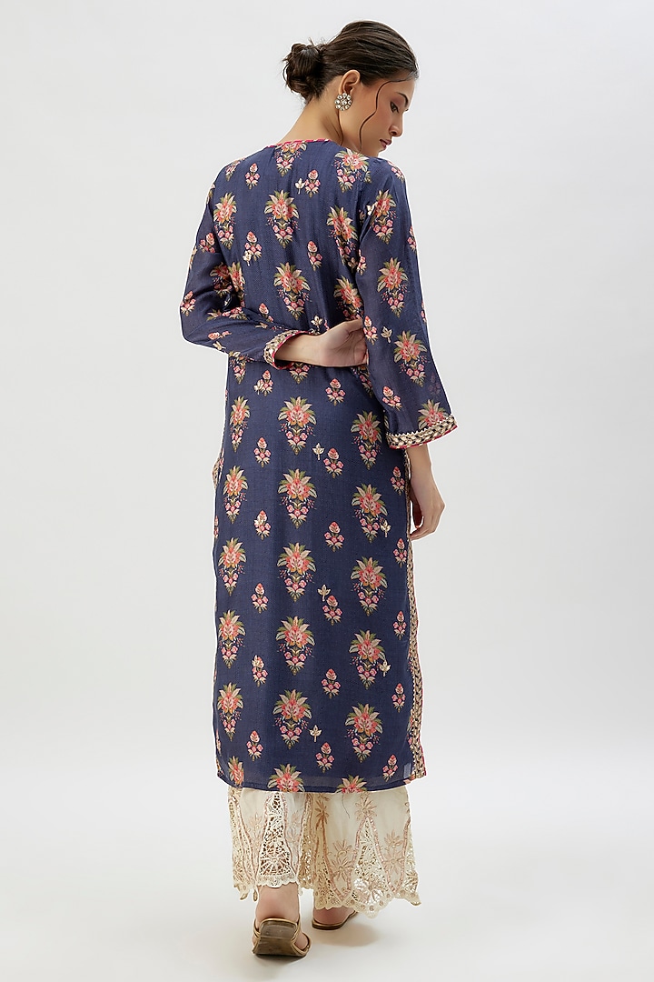 Blue Cotton Silk Floral Printed Kurta by GOPI VAID at Pernia's Pop Up Shop