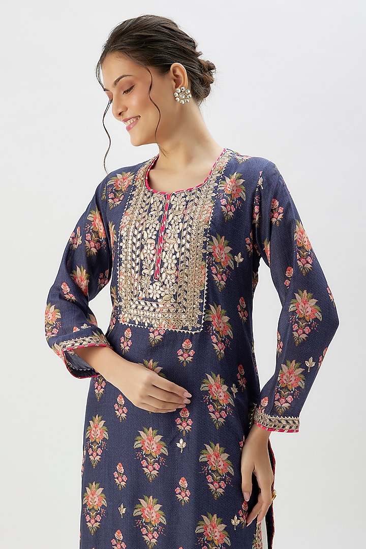 Blue Cotton Silk Floral Printed Kurta by GOPI VAID at Pernia's Pop Up Shop