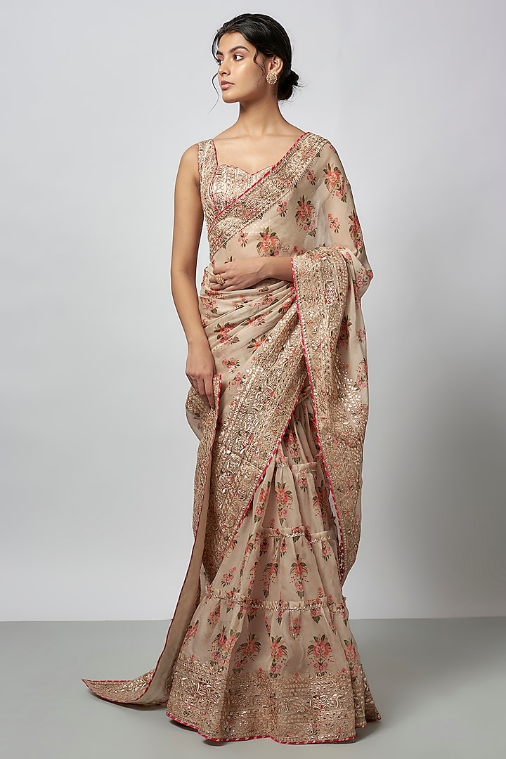 Ivory Organza Floral Saree Set by GOPI VAID at Pernia's Pop Up Shop