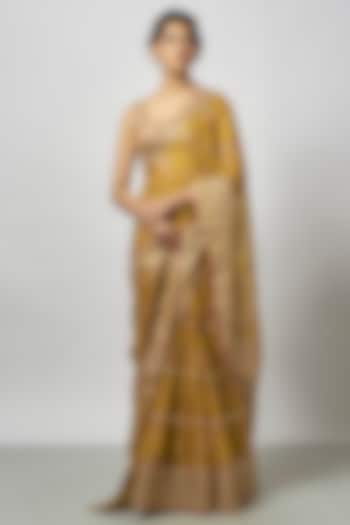 Yellow Organza Layered Floral Wedding Saree Set by GOPI VAID at Pernia's Pop Up Shop